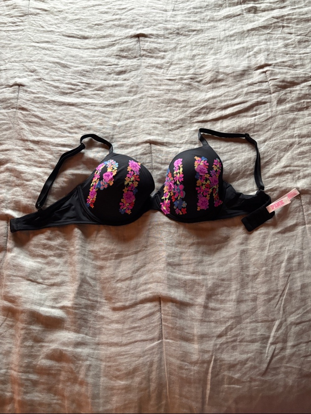 PINK Victoria's Secret Black Bra with Pink & Purple Floral Embroidery